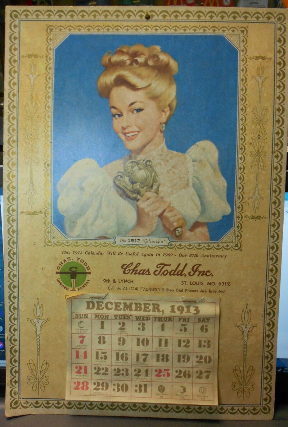  Vintage wall Calendar 1913 Advertising GOLDEN GIRL PIN-UP 