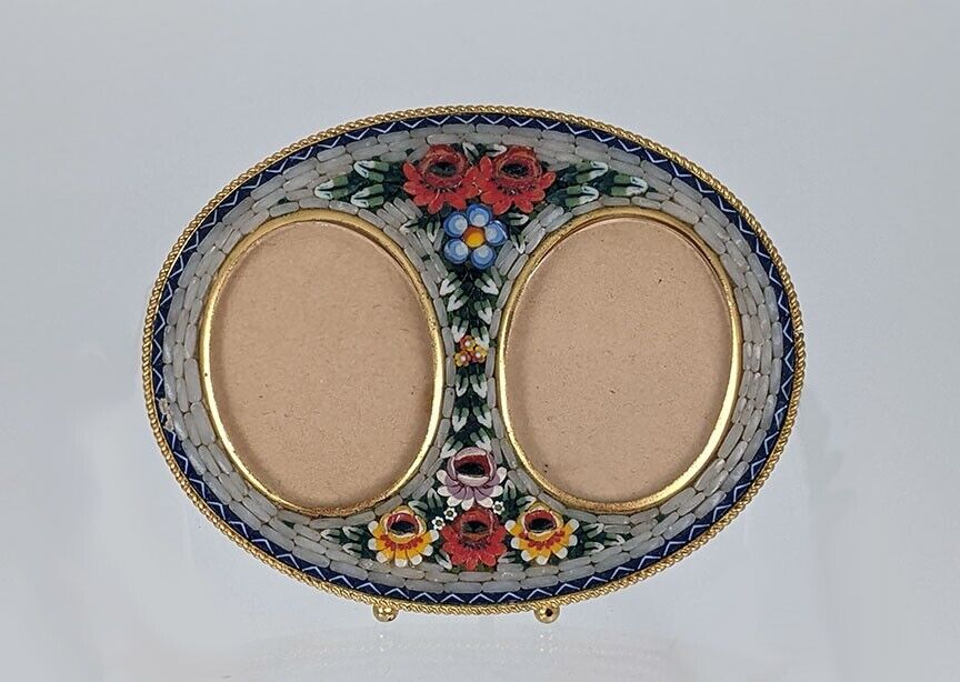 Vintage Italian Micro Mosaic Double Oval Picture Frame Rose 1940\'S