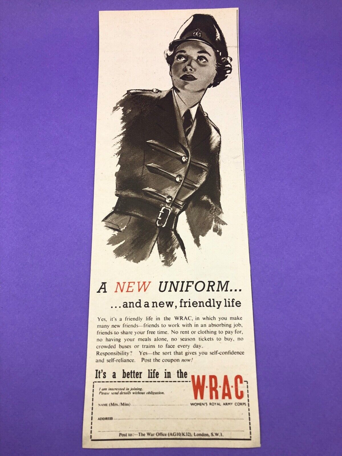WRAC Recruitment Advert Women’s Royal Army Corps 1953 Ad Cutting