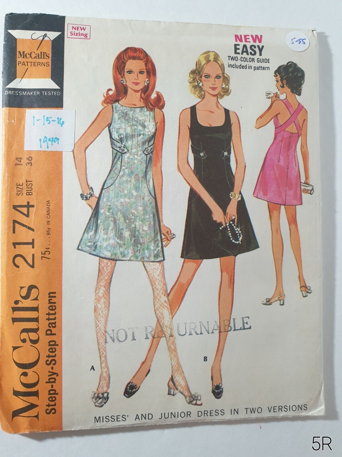 McCall\'s 2174 Vintage 1969 Dresses Sewing Pattern Size 14
