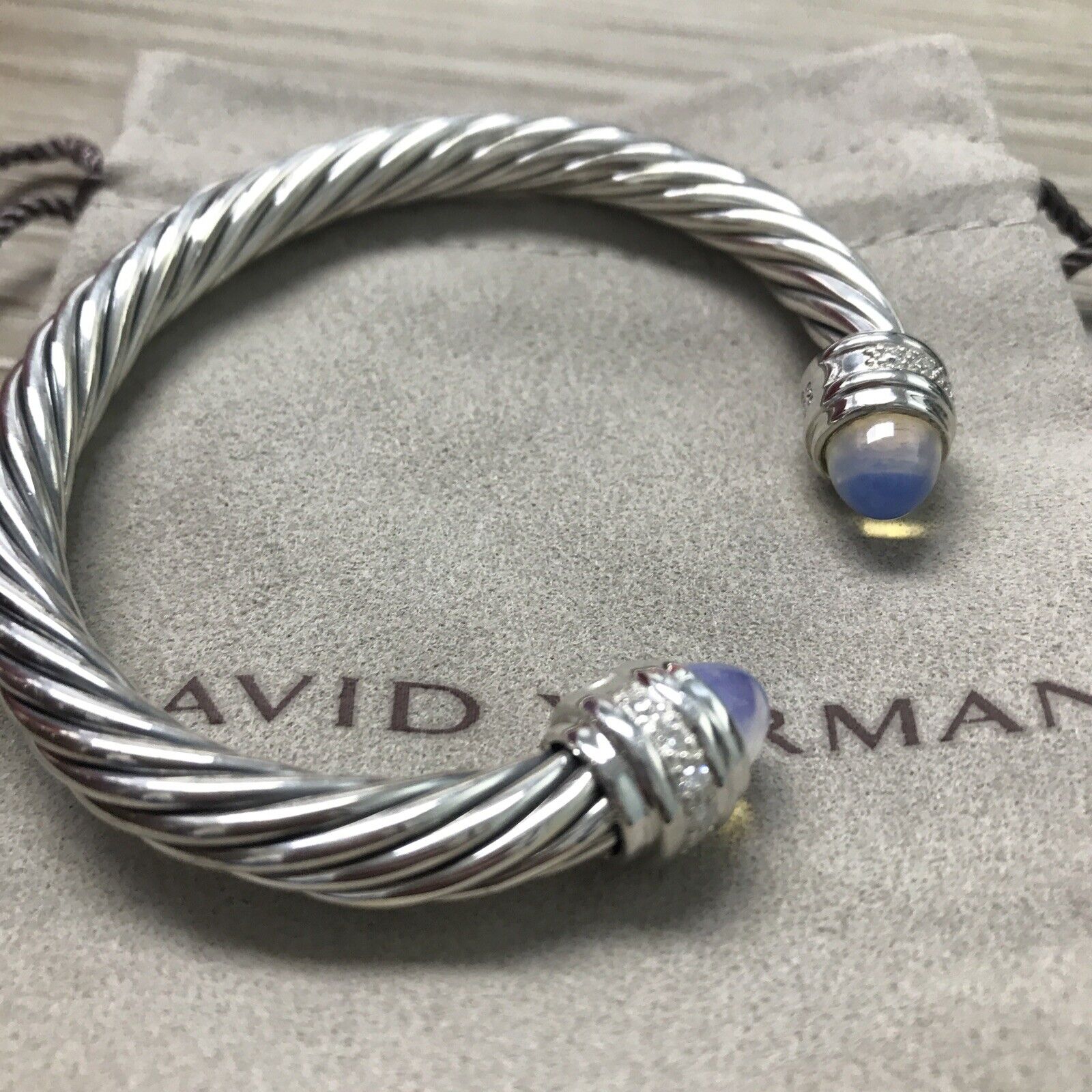 David Yurman Classic Sterling Silver 7mm Opal  & Diamonds Bracelet Sz M