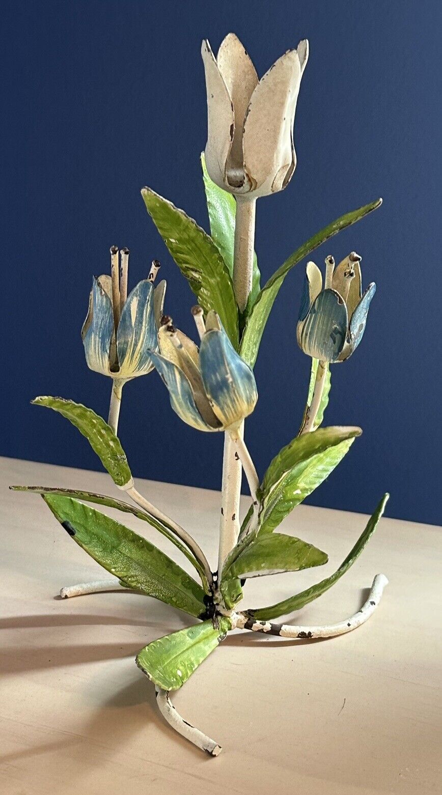 Vintage Chippy Italian Tole Metal Blue Tulips Taper Candle Holder