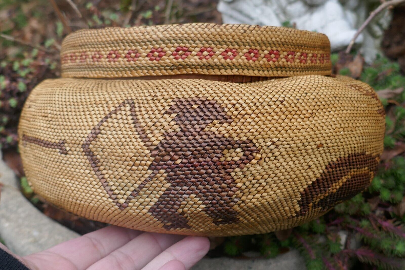 Antique Nootka Native Hand-Woven Polychrome Hunting Scene Designed Basket