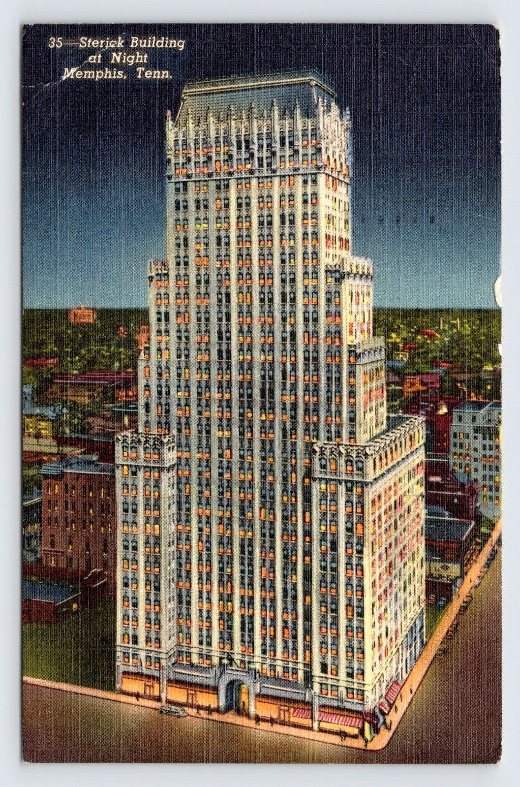 Sterick Building at Night, Memphis Tennessee Vintage Linen Nighttime Postcard P2