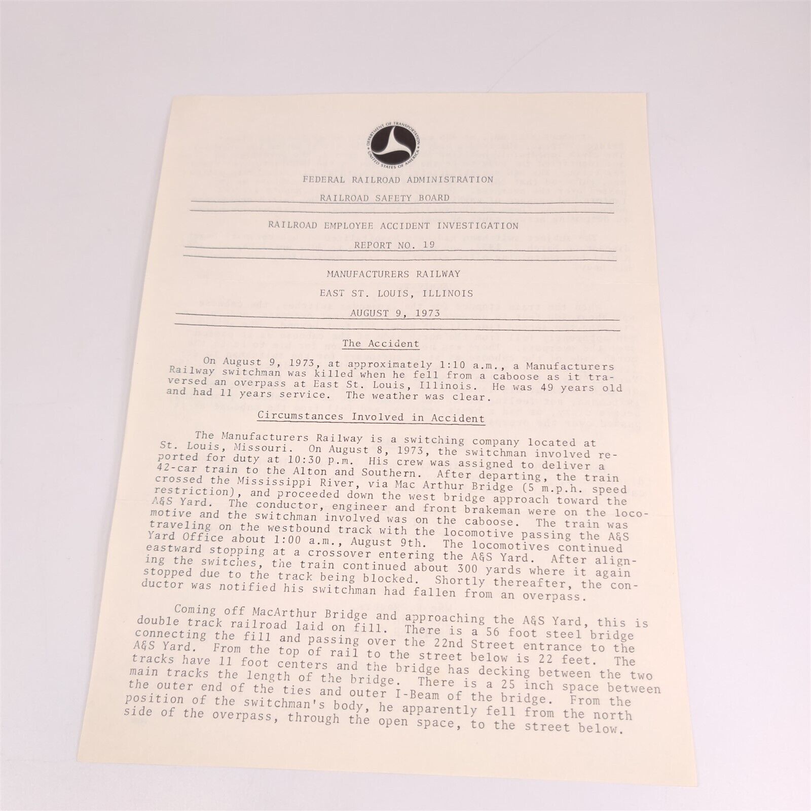 Accident Report Manufacturers Railway #19 1973 Federal Railroad Administration