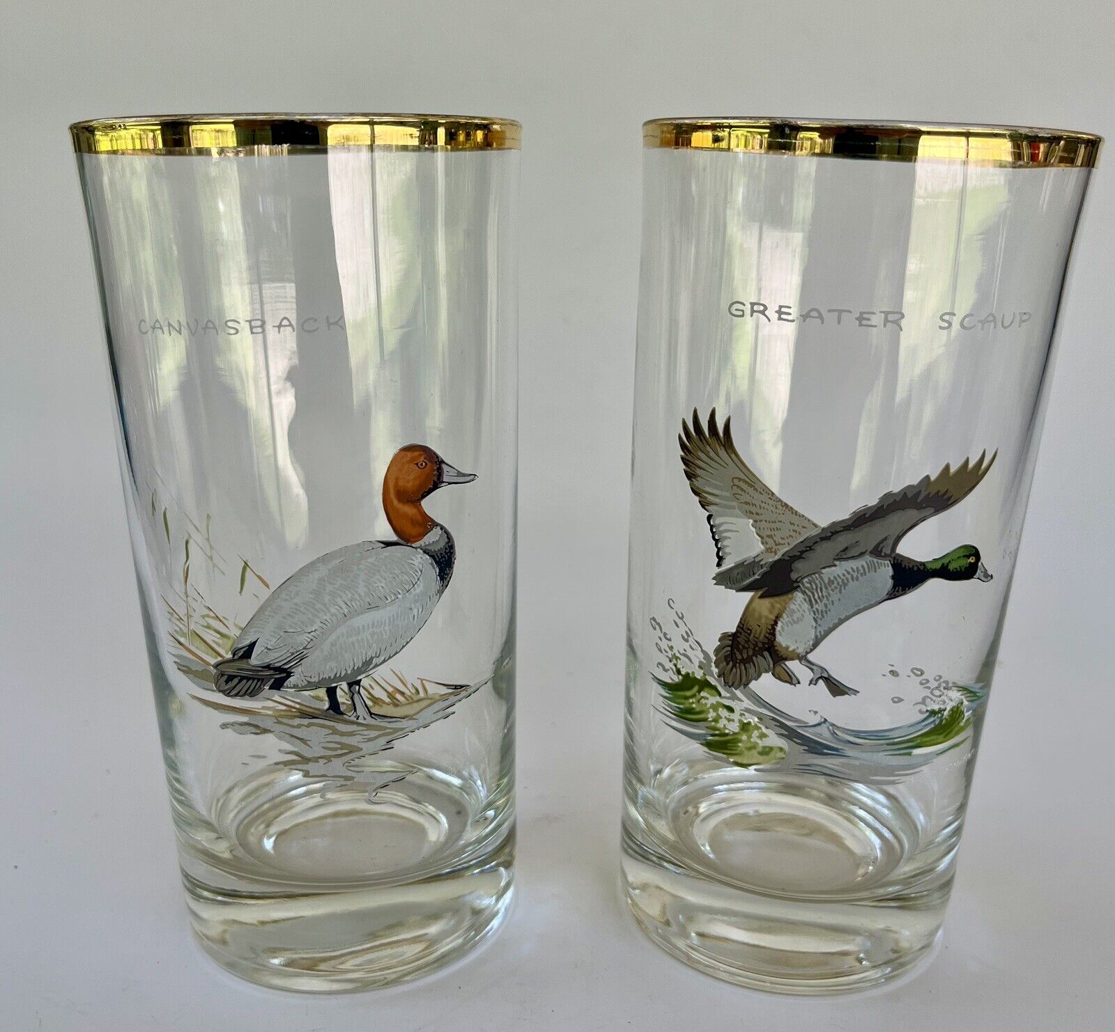 Vintage NED SMITH Waterfowl Ducks Game Bird Gold Rim Glasses Set Of 2
