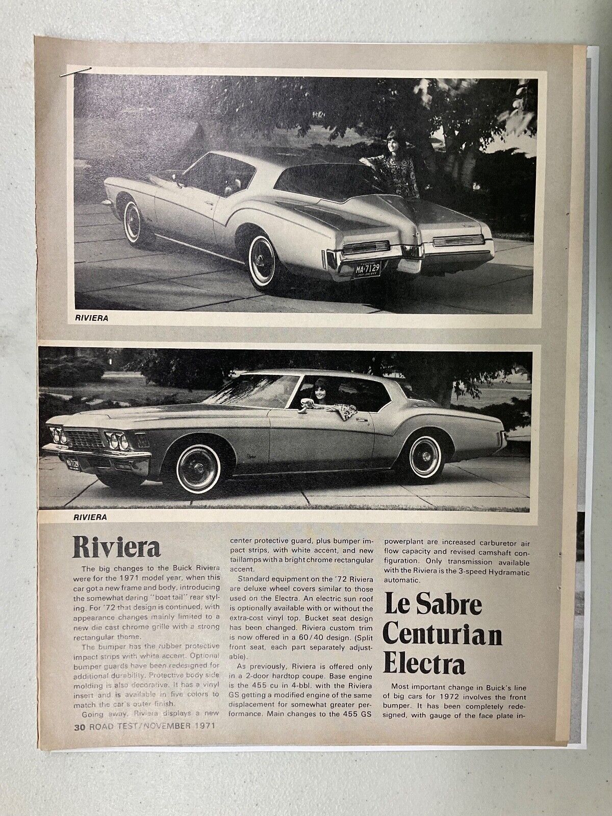 MISC1444 Vintage Article Road Test Buick Riviera Le Sabre 4 page Nov 1971