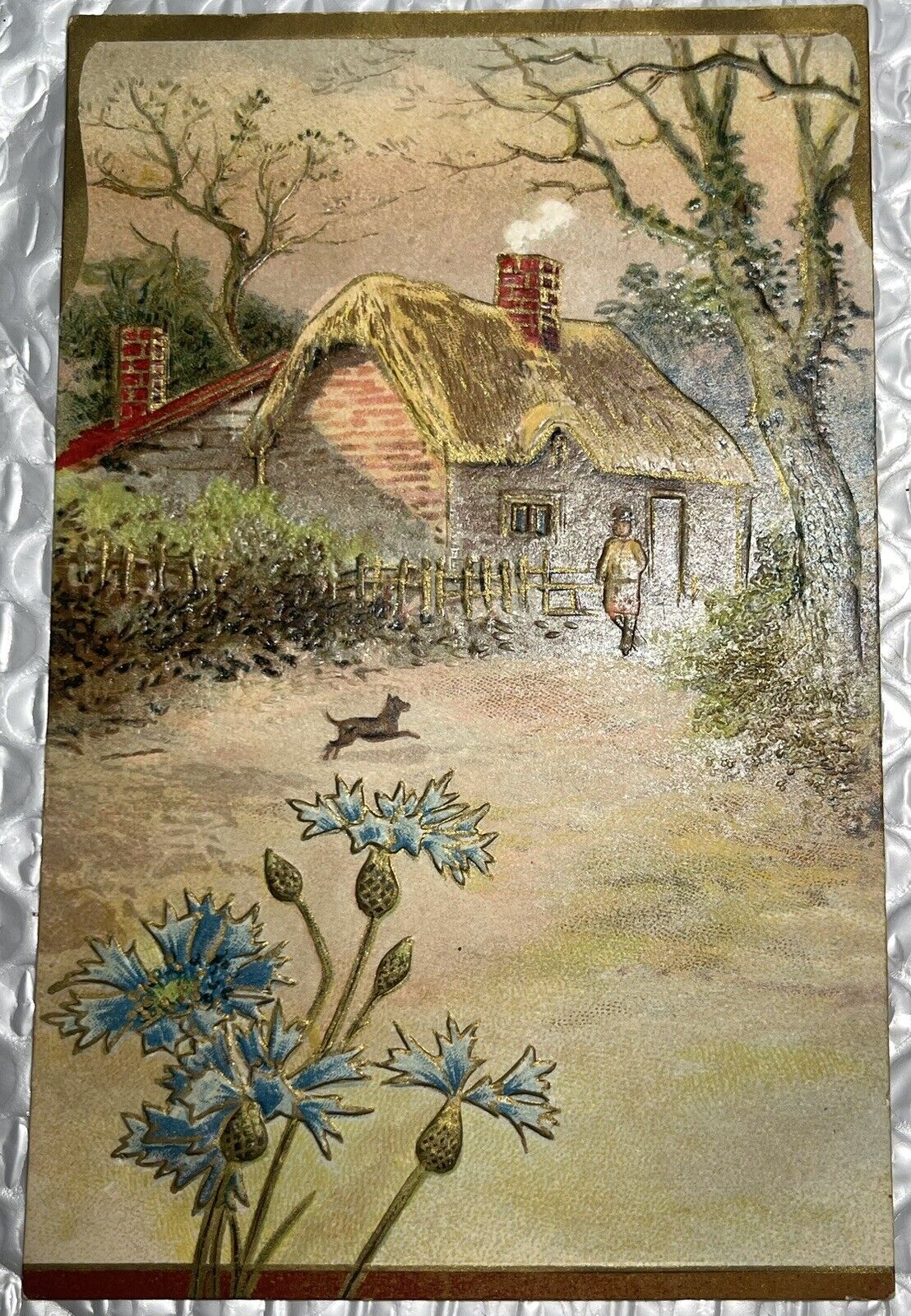 1908 - Picture Of Quaint Cottage - Embossed Postcard, Dog, Chimney