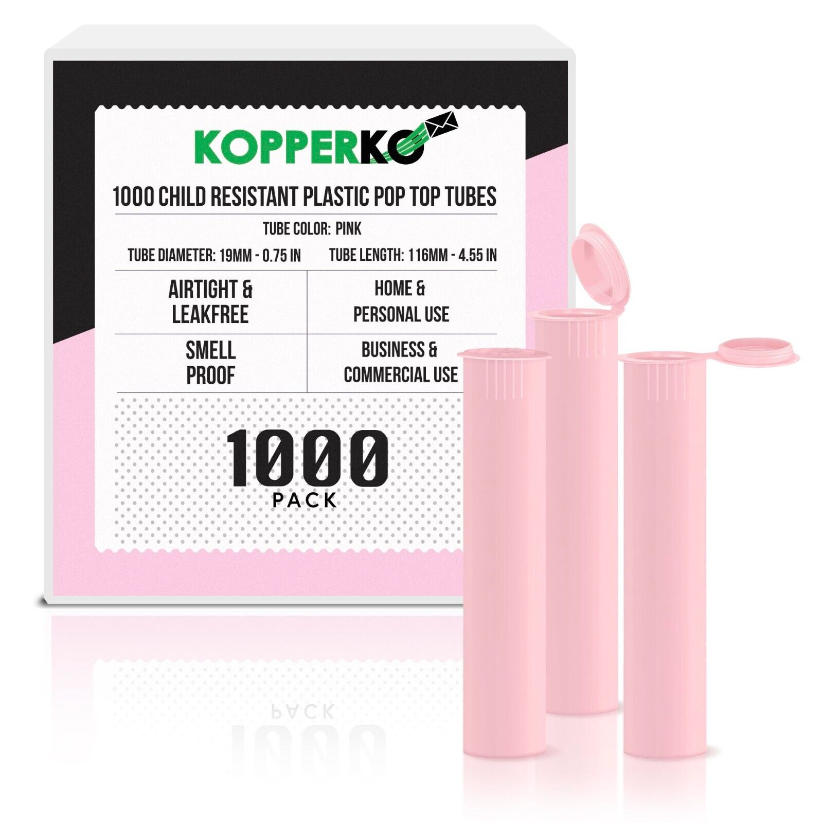 Kopperko 1000 Pack 116mm Plastic Pop Top Tube - Child Resistant - Pink