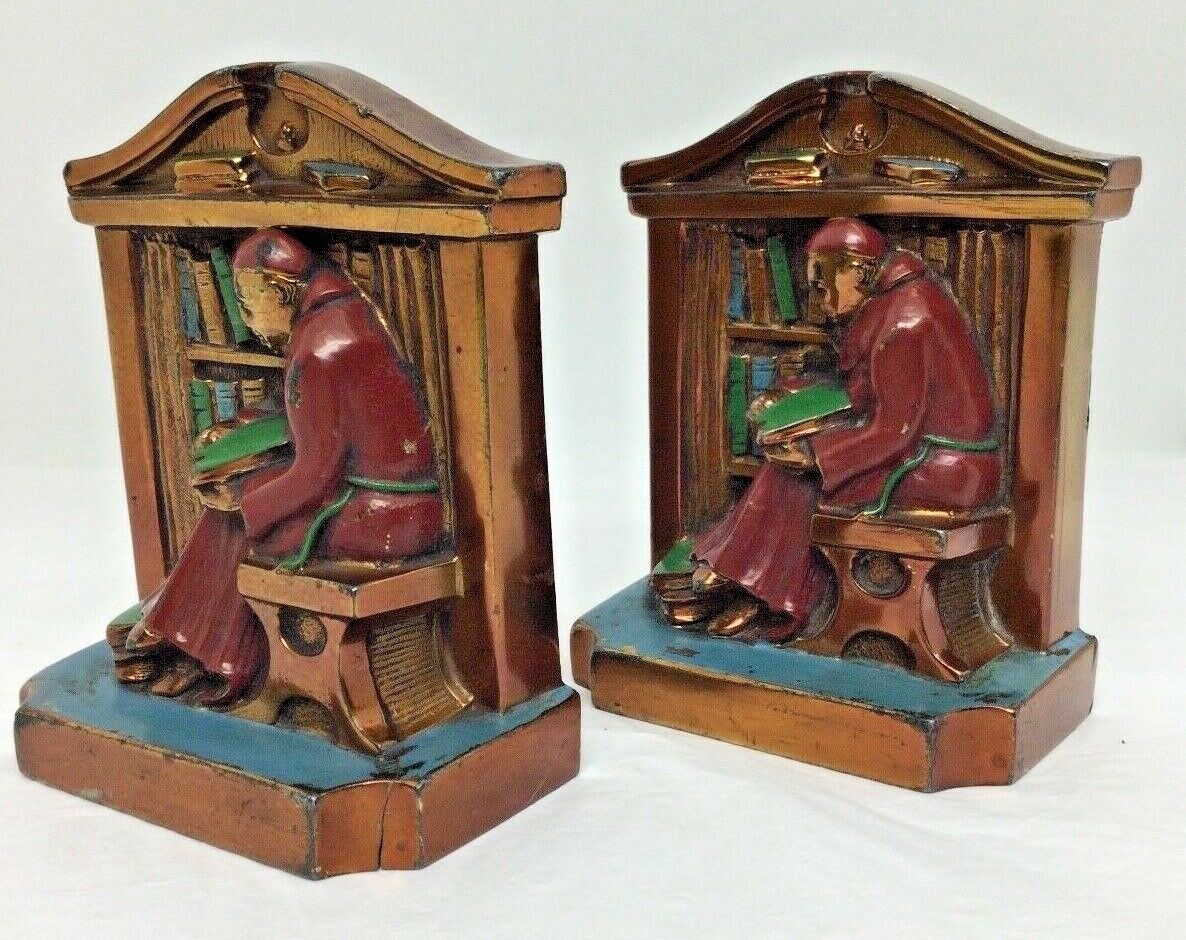 1922 RONSON Polychrome Painted Bookend Bronze Priest Monk Library LV Aronson LVA