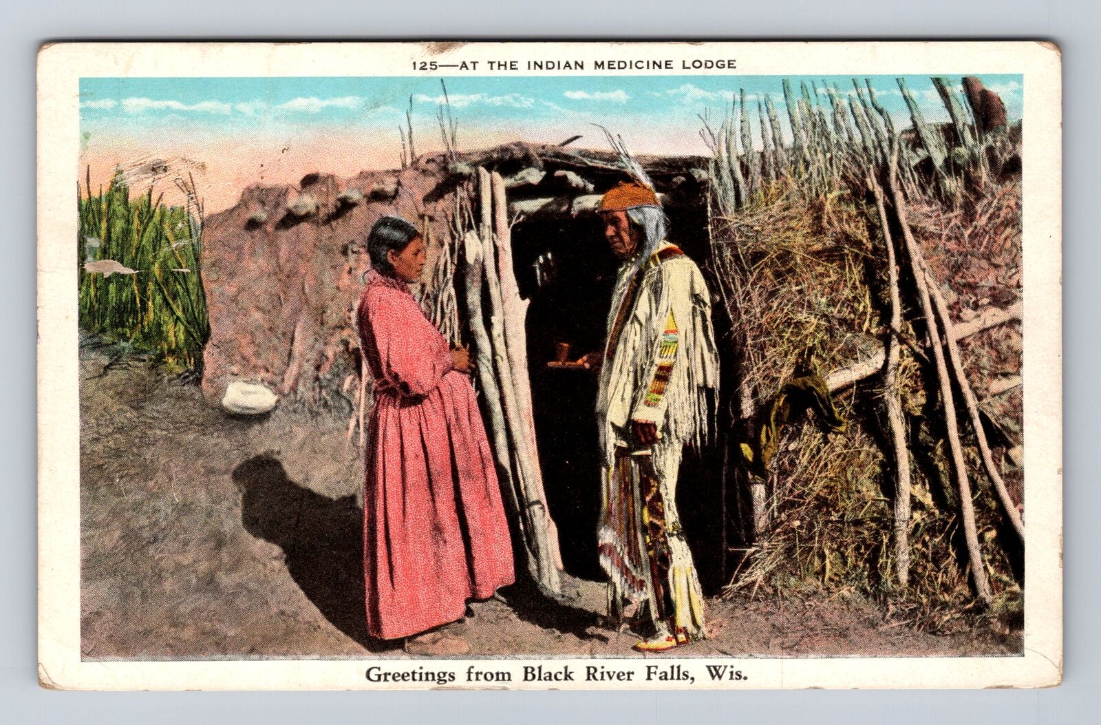 Black River Falls WI- Wisconsin, Indian Medicine Lodge, Vintage c1939 Postcard