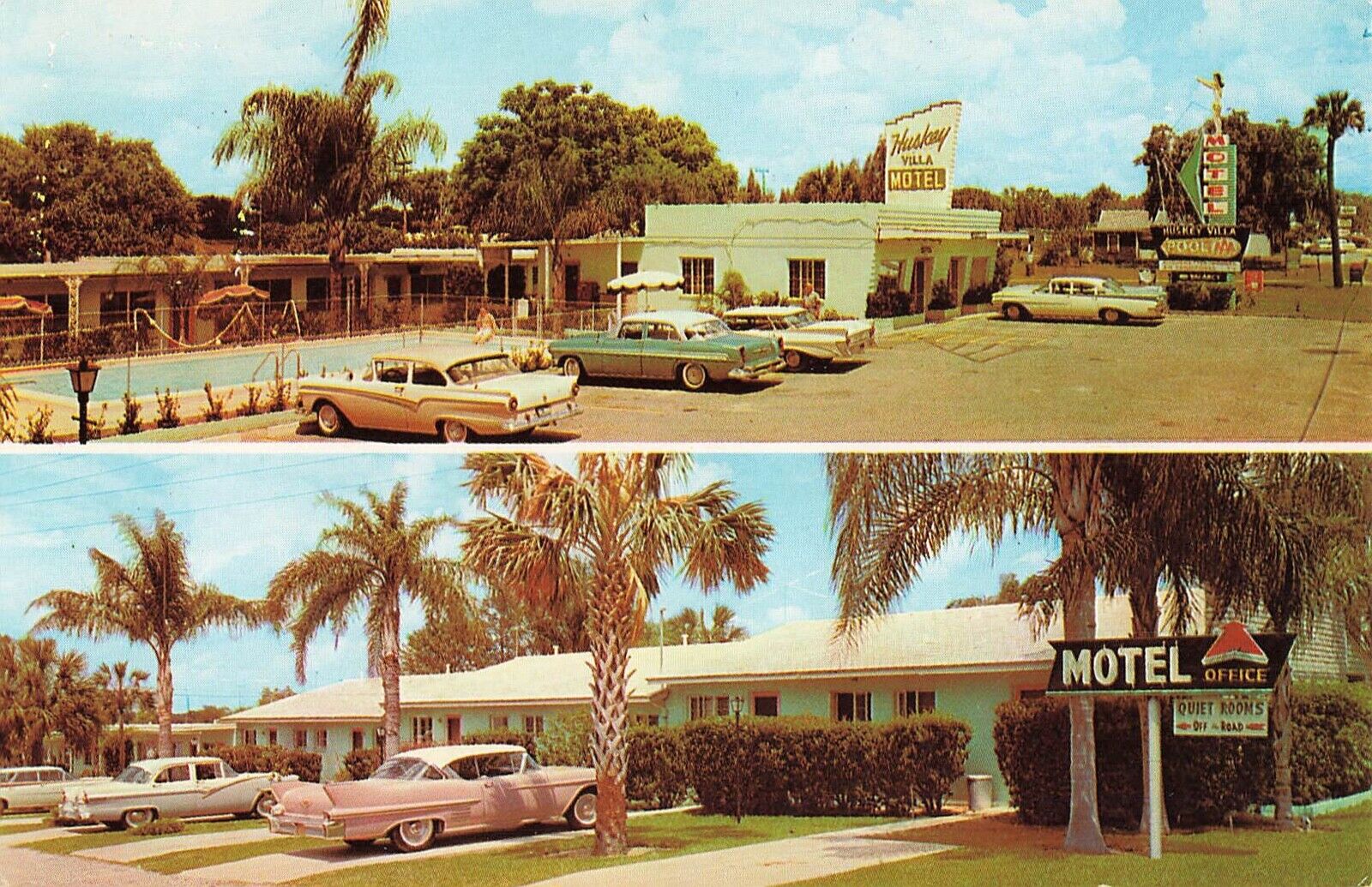 Eustis Florida Postcard  Huskey Villa Motel AAA Old Cars Pool TV c 1960   R3