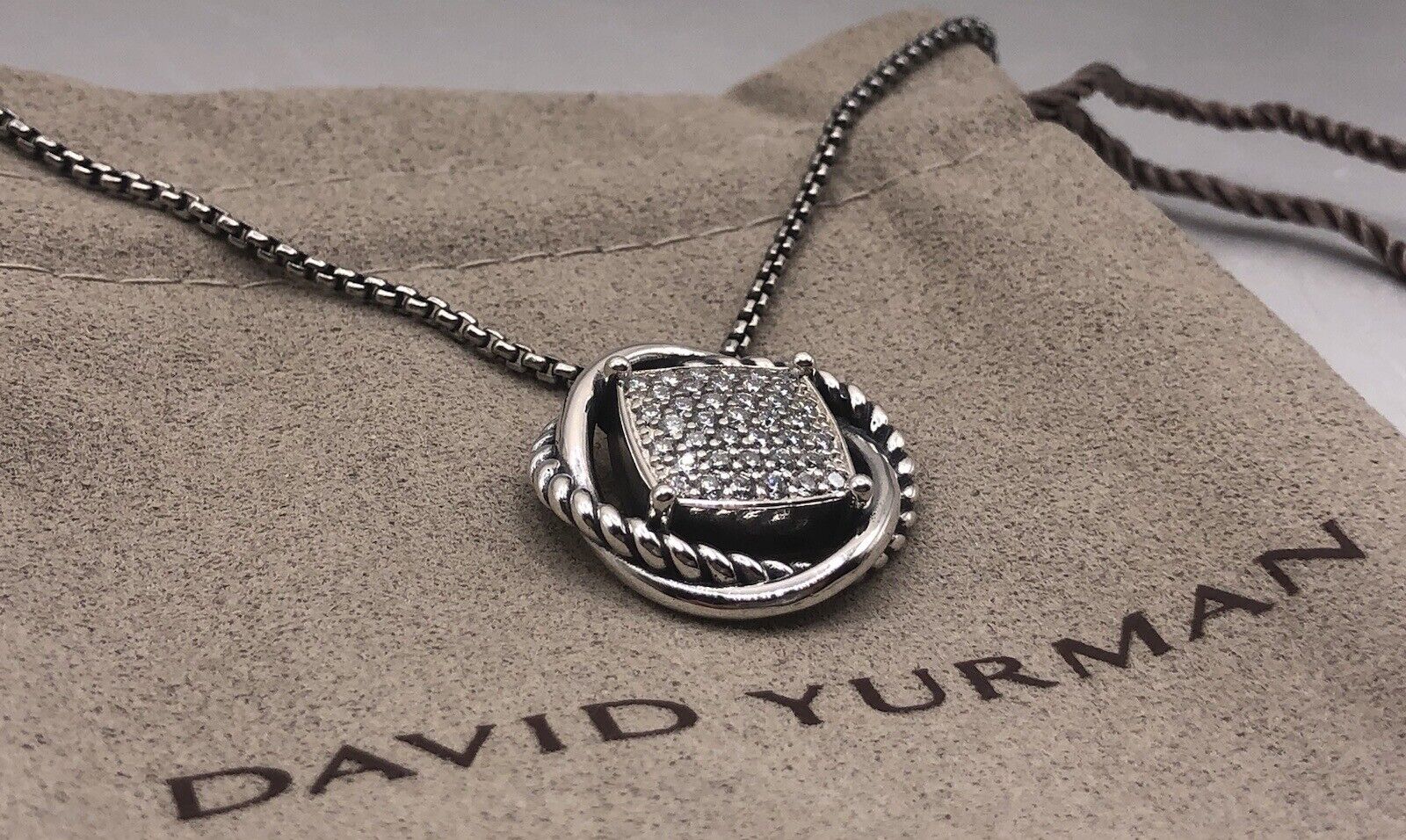 David Yurman Sterling Silver Infinity Pendant 14mm w Pave Diamonds Necklace 18