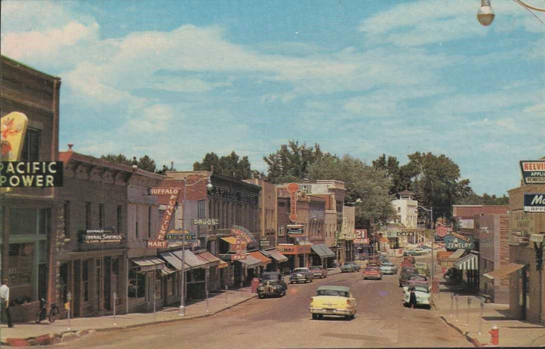 1950’s  BUFFALO WY  downtown  STREET SCENE cars Johnson County Seat  Postcard