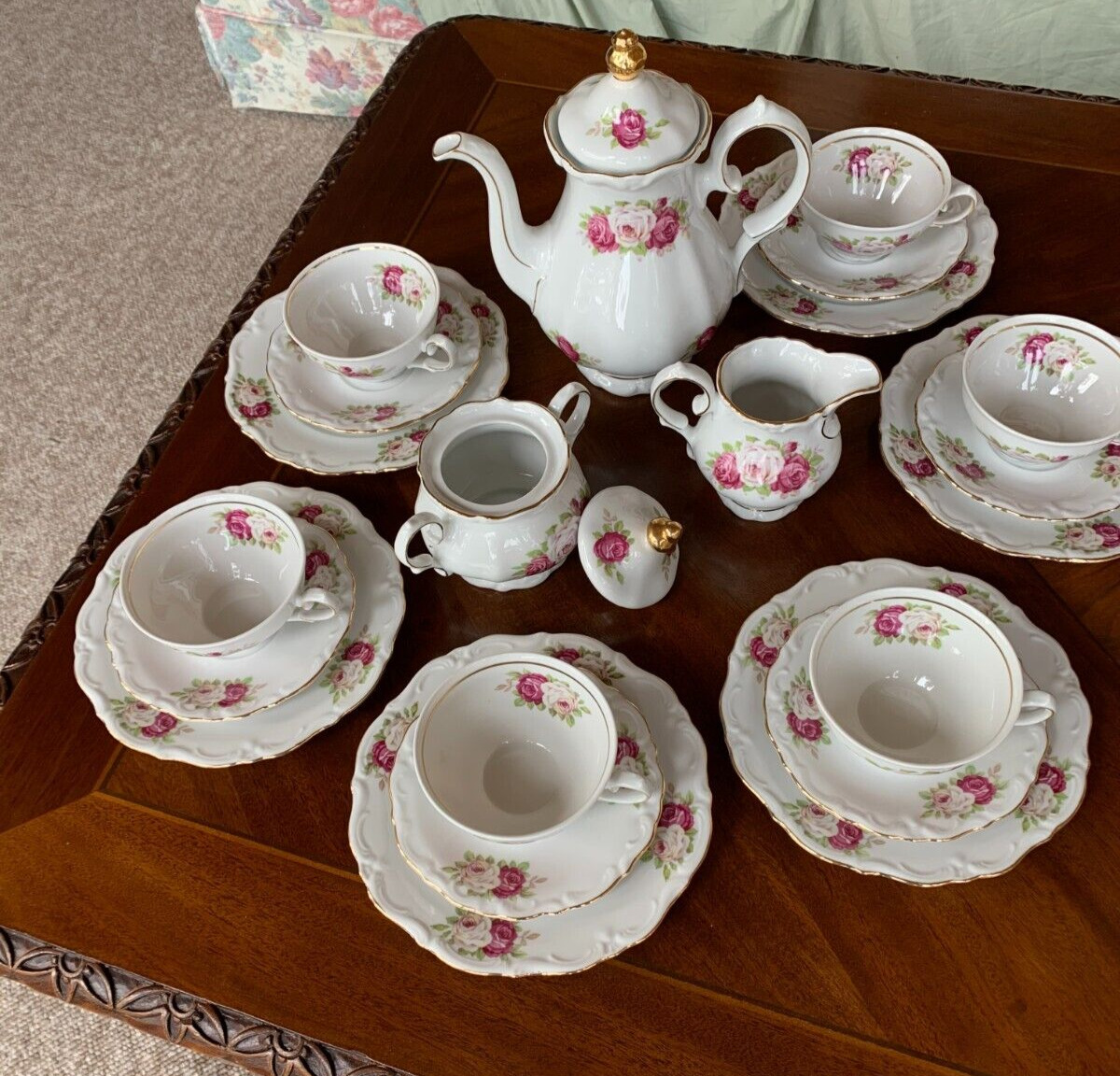 WINTERLING 1950s Bavaria China 21 pc. Coffee Tea Set Pink Floral w/ Gold trim A+