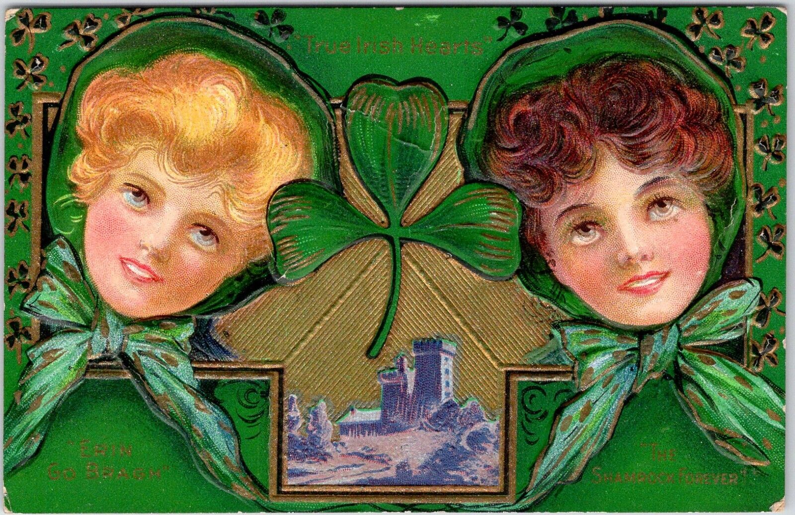 True Irish Hearts Girls Shamrock St. Patrick\'s Vintage Postcard Unposted