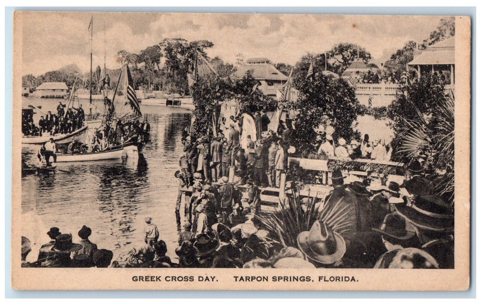 c1920 Greek Cross Day Parade Tarpon Springs Florida FL Vintage Antique Postcard