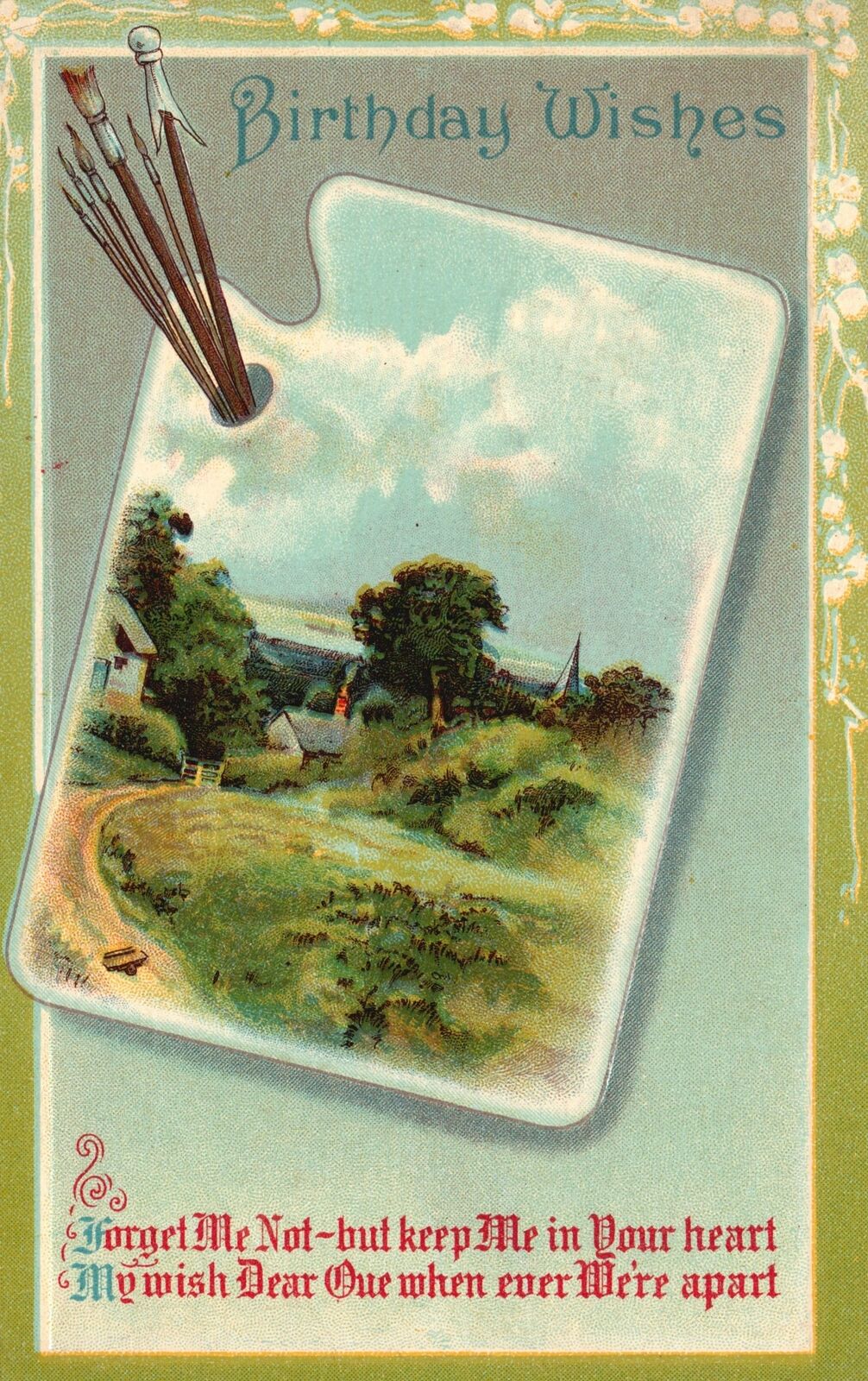 Vintage Postcard 1915 Birthday Wishes Forget-Me-Not Landscape Design Card