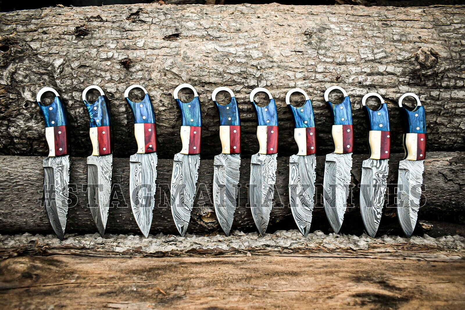 Hand Forged Damascus Steel Full Tang Hunting EDC Skinner Knife Texas Handle 10PC