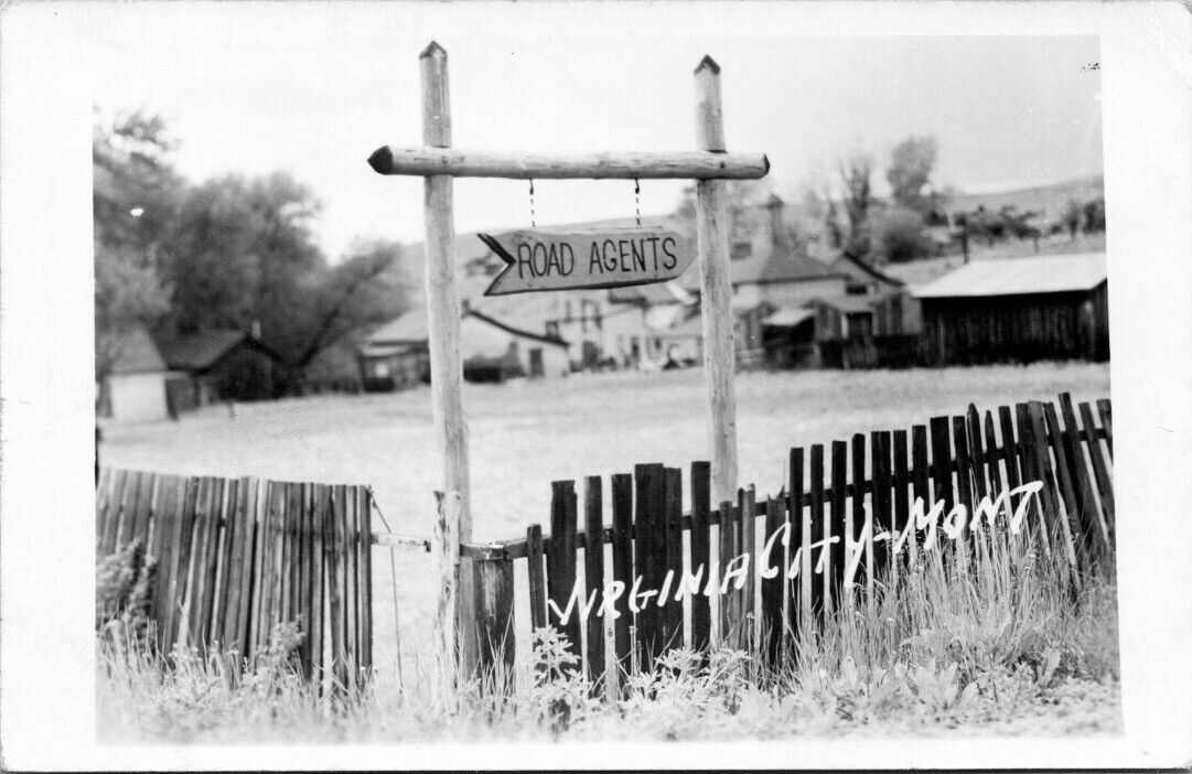 Virginia City Montana MT RPPC Road Agents Sign and Fence Real Photo Postcard 