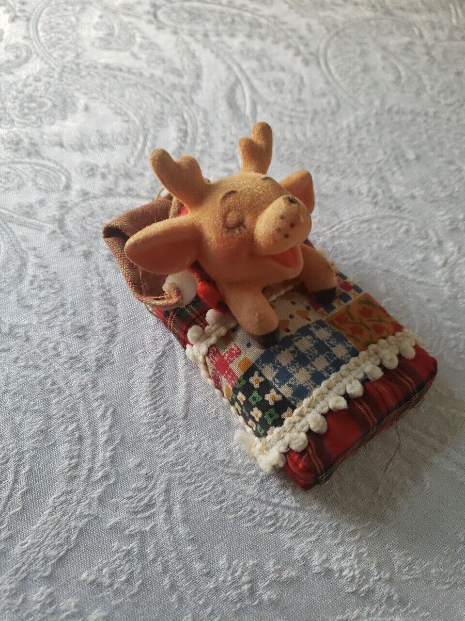 Vintage Flocked Reindeer Christmas Ornament