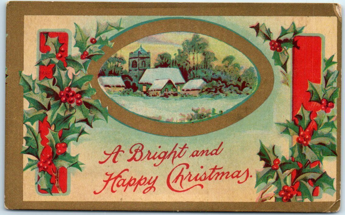 Postcard - Christmas Holiday Art Print - A Bright and Happy Christmas