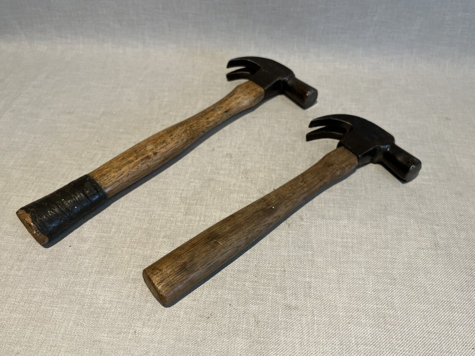 2 Vintage Bullseye Head Carpenter\'s Claw Hammers with Wood Handles - Estate Find