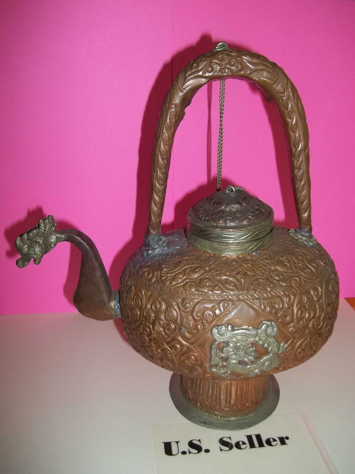 Very Beautiful Antique DragonHead TeaKettle made of copper and silver intricate