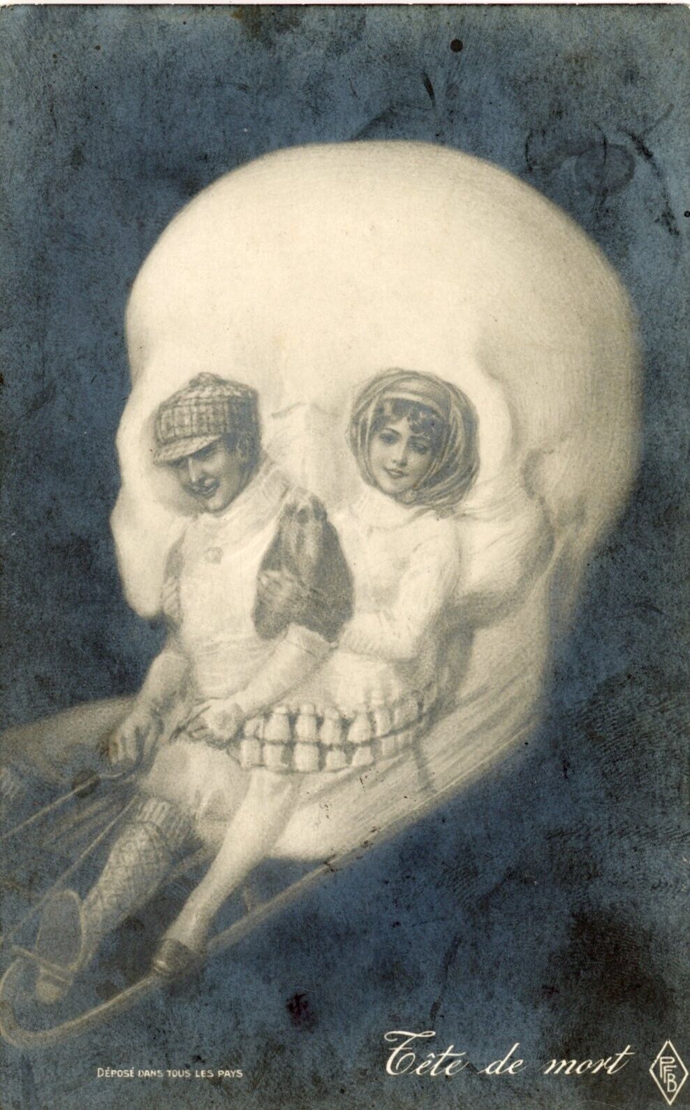 ca 1912 metamorphic novelty postcard,skull to man+woman on toboggan,Russia stamp