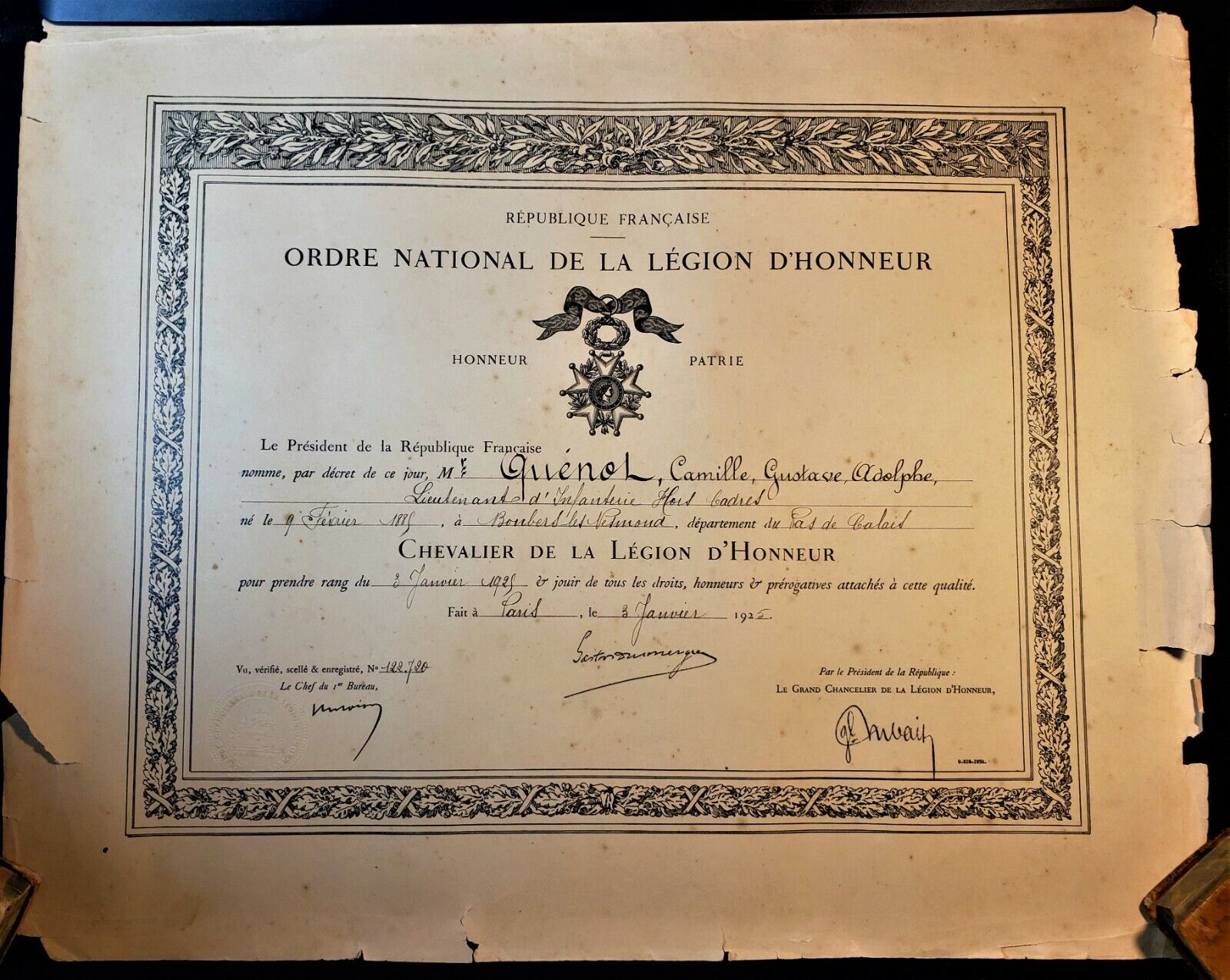PRESIDENT OF FRANCE GASTON DOUMERGUE SIGNED DIPLOMA LEGION OF HONOR ORDER - 1925