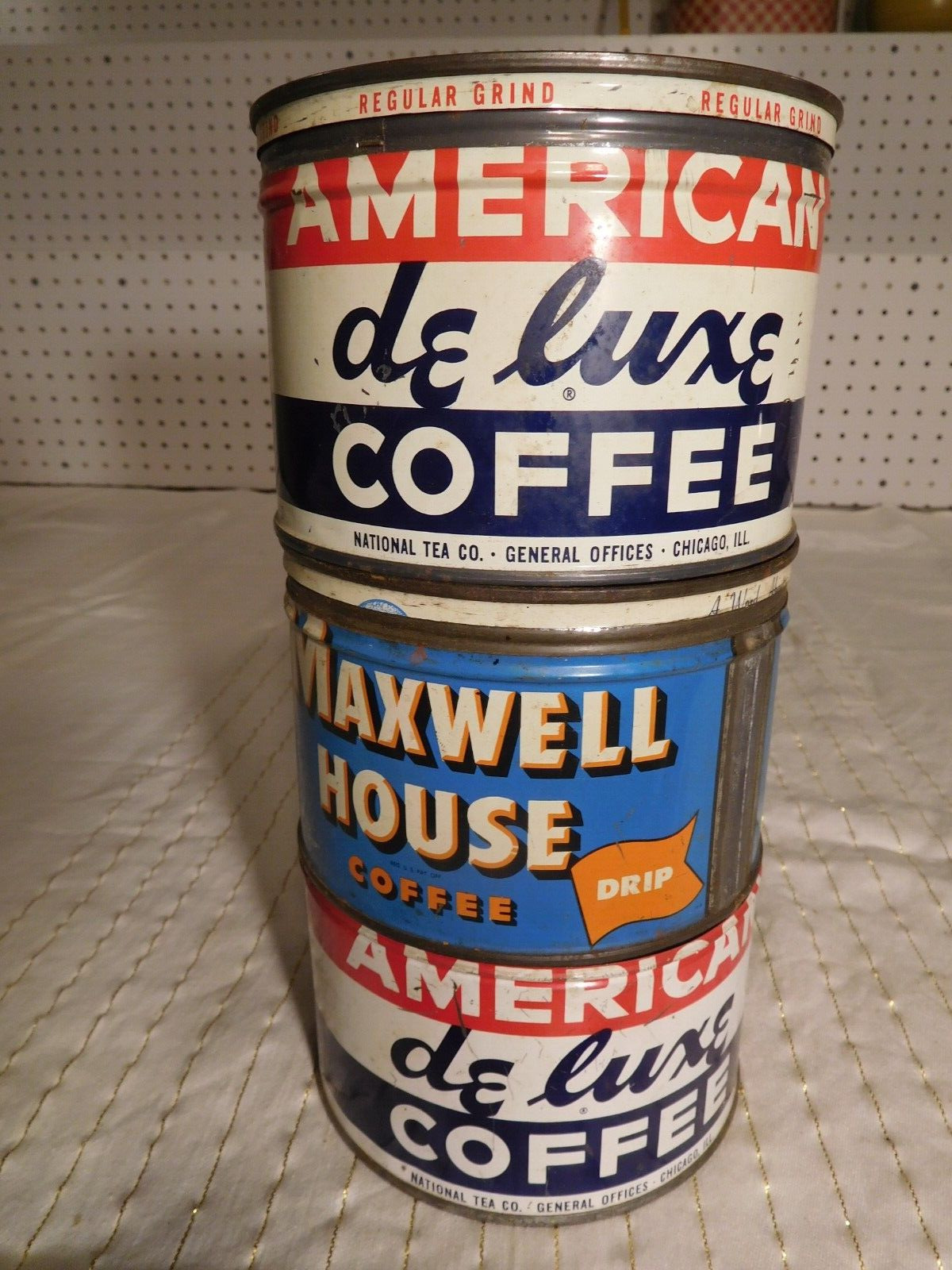 2 American De Luxe & 1 Maxwell House Decorative Coffee Tins ~ All Same Size