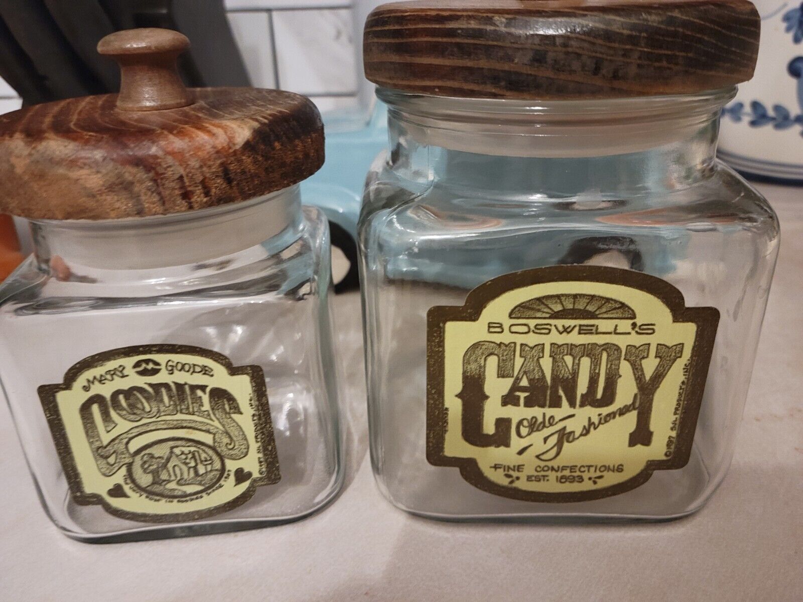 1987 Boswell’s Candy Glass Canister Jar SJL Products Anchor Hocking Vintage Wood