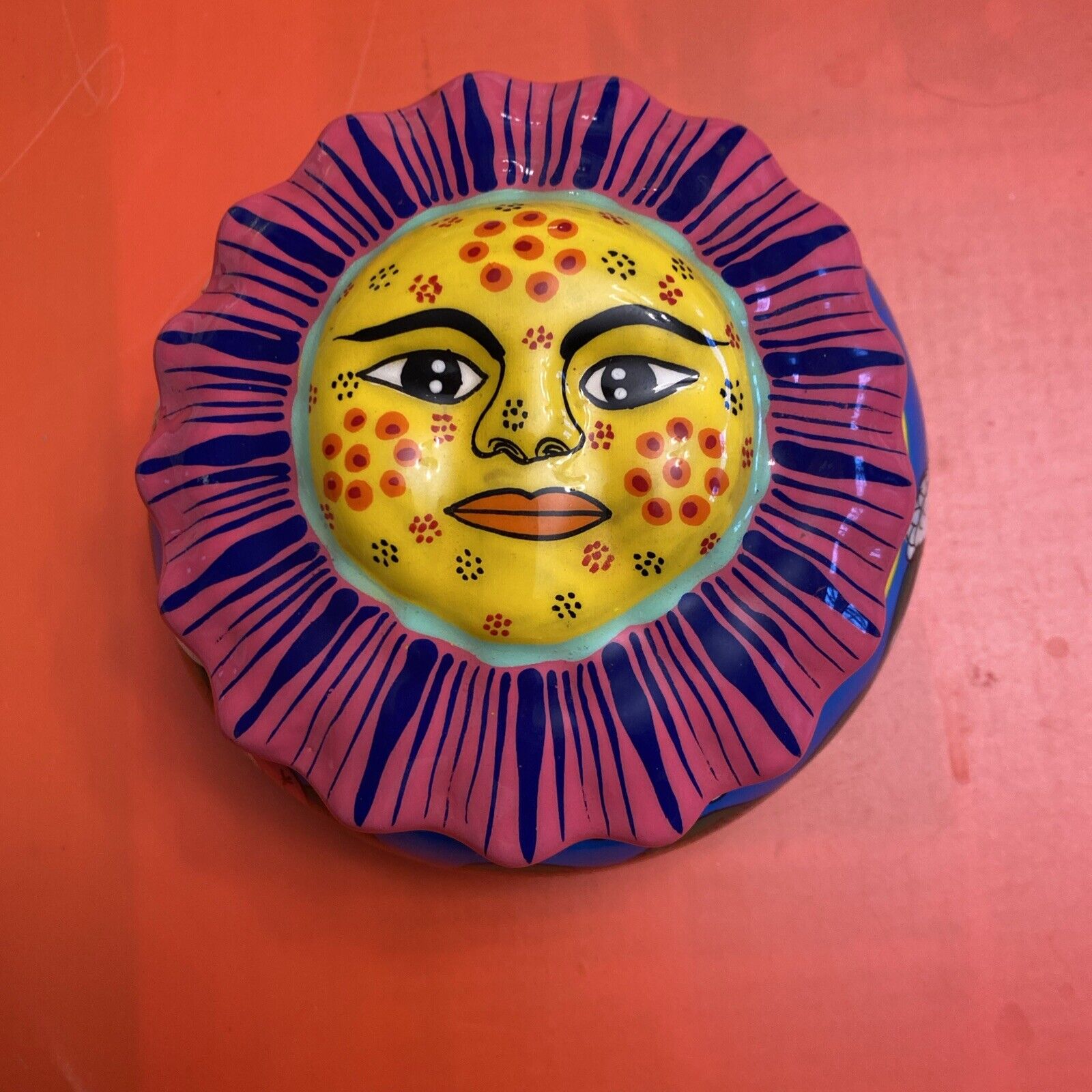 Isidoro Mexico Sun Flower Trinket Box Handpainted Terracotta Folk Art