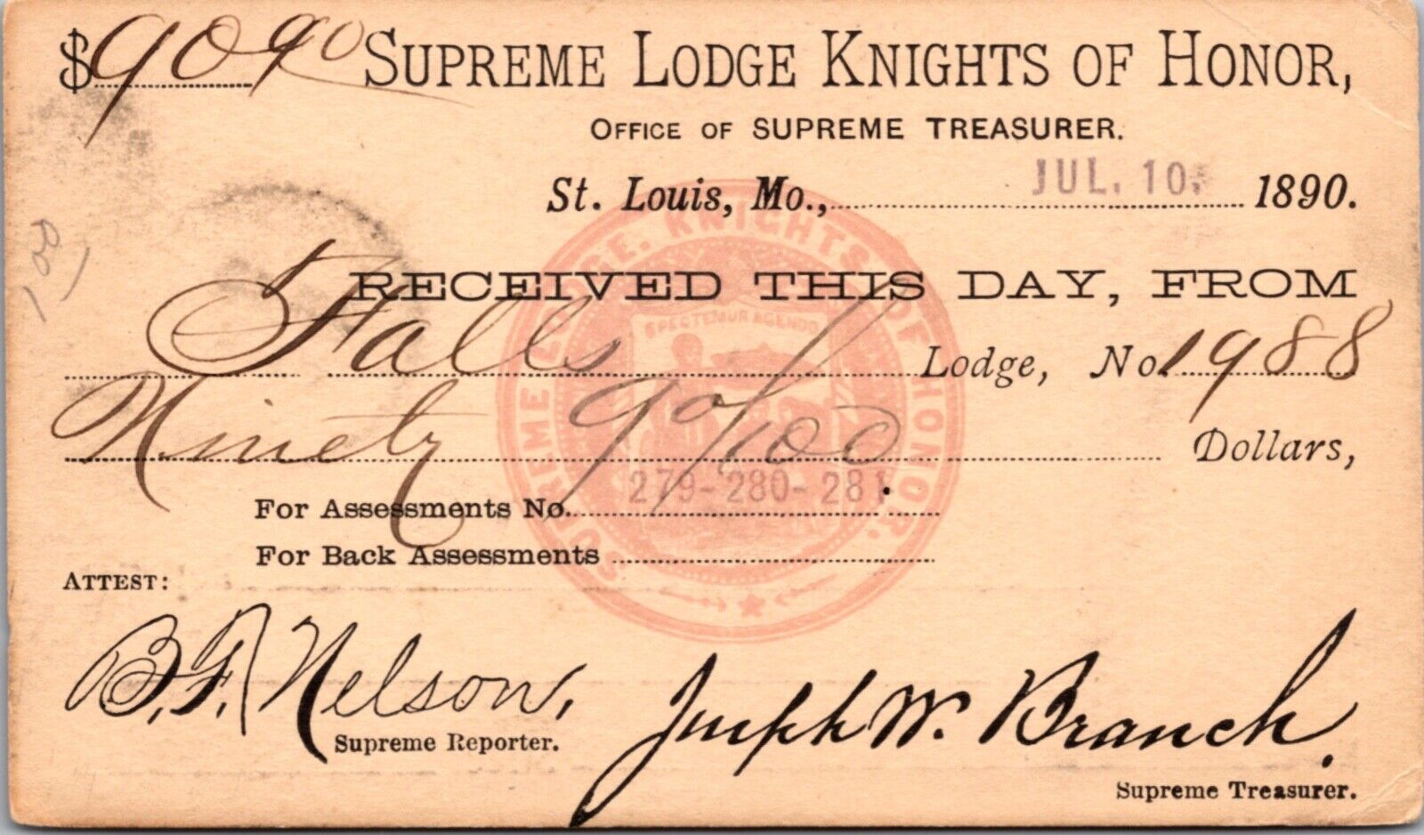 1890 Receipt Postcard Supreme Lodge Knights of Honor in St. Louis, Missouri