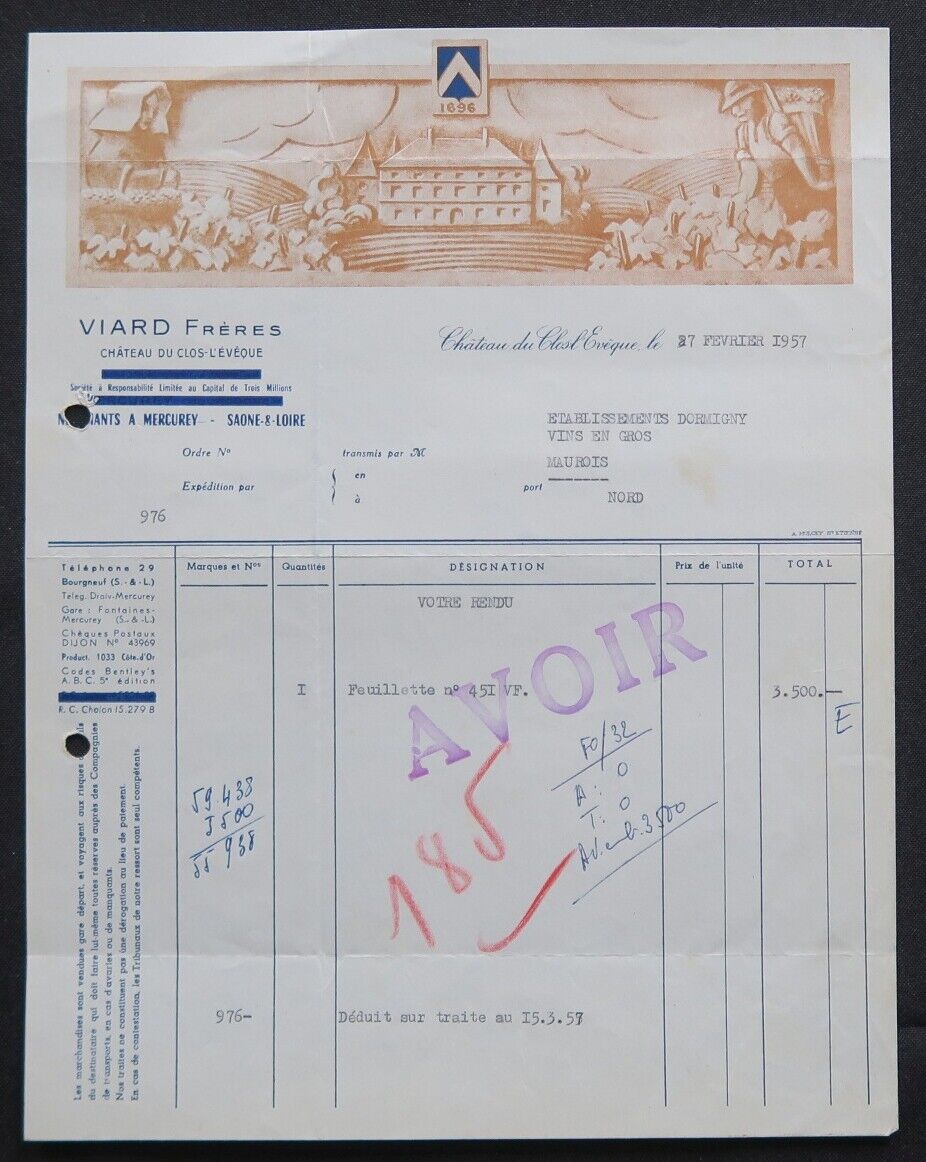 1957 MERCUREY VIARD CHATEAU DU CLOS L EVEQUE Illustrated Invoice 91