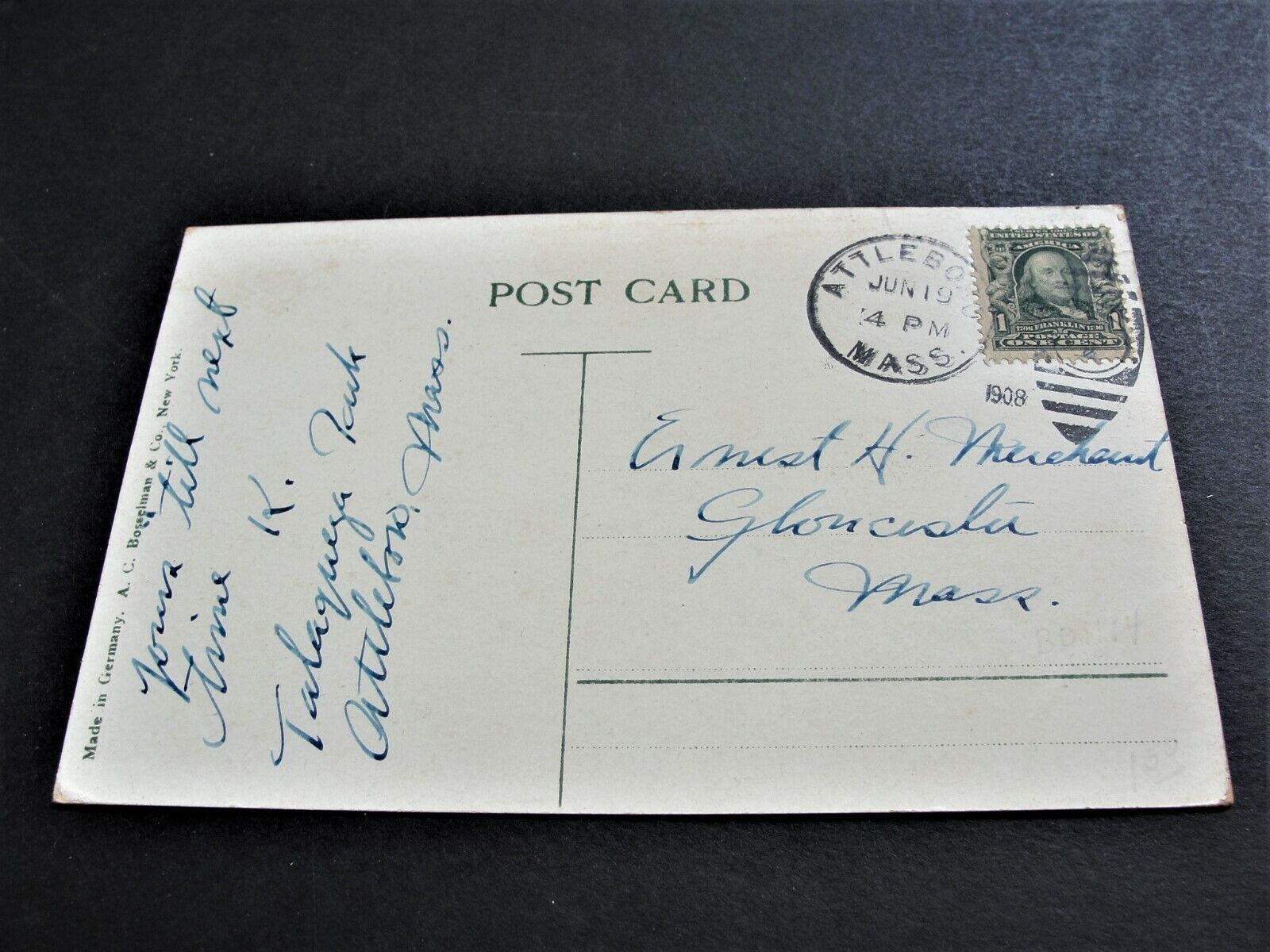 1908 Casino, Talaguega Park, Attleboro, Mass.- Ben Franklin, Postcard. RARE.  