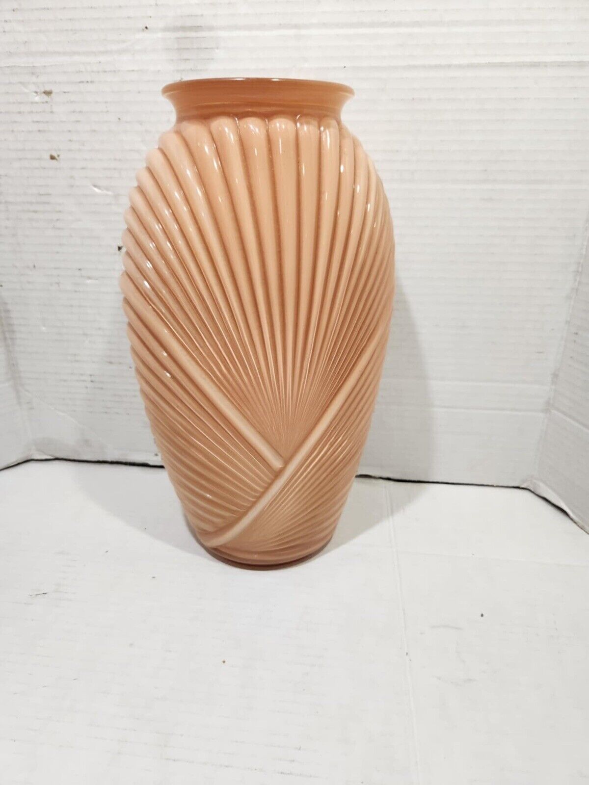 Vintage 1980s Art Deco Ribbed Pleated Glass Vase MCM Pink Peach Salmon 12 5/8 in