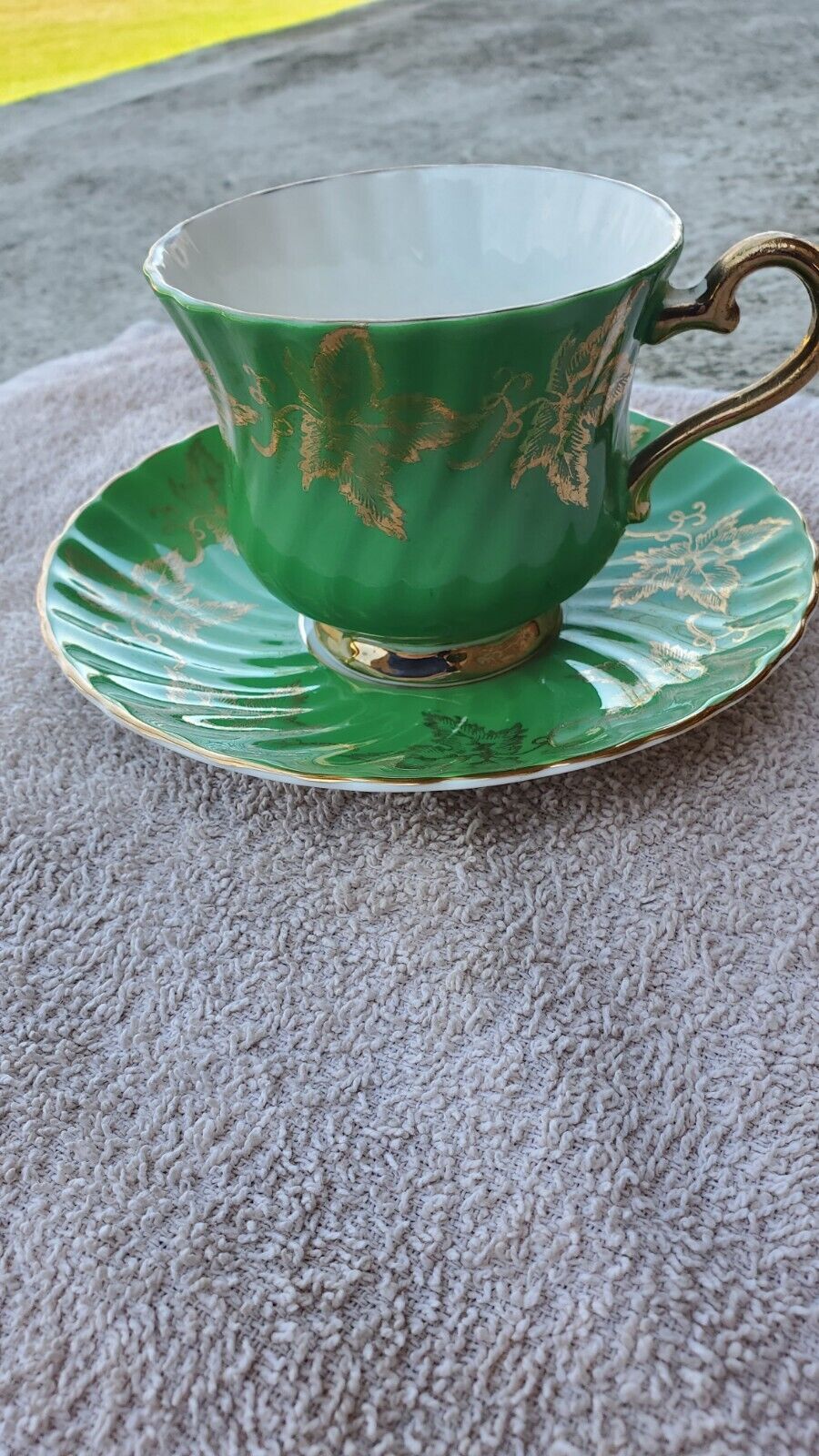 Vintage H&M Sutherland Bone China Tea Cup And Saucer Green With Gold