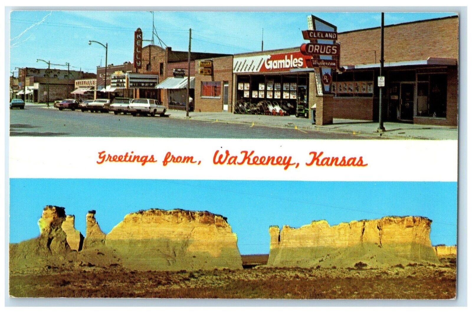 c1960 Greetings Main Street Niabarra Chalk Pyramids WaKeeney Kansas KS Postcard