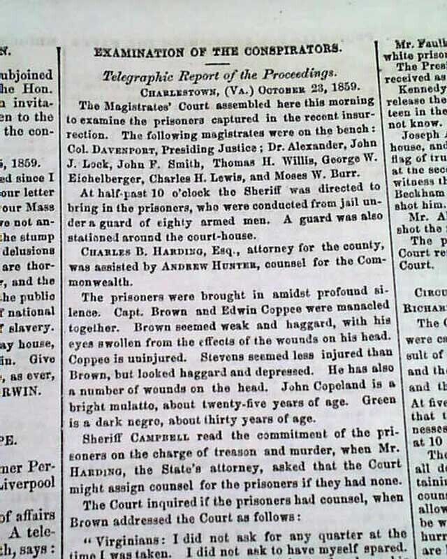 JOHN BROWN Harpers Ferry WV Raid Slaves Insurrection Invasion 1859 DC Newspaper