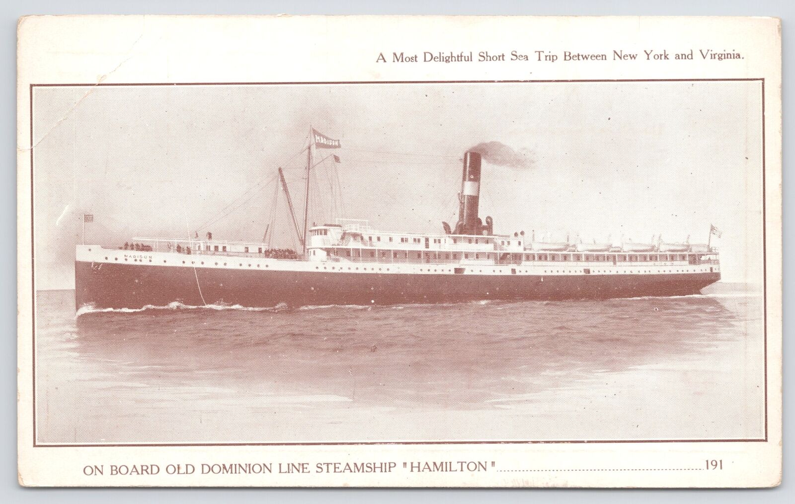 Transportation~Delightful Short Sea Trip~Old Dominion Line Steamship~Vintage PC