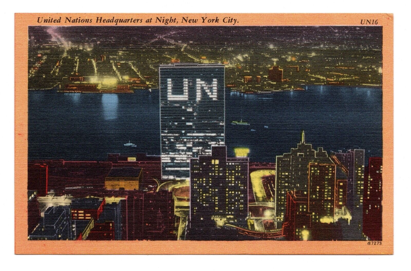 United Nations Headquarters at Night, New York City, Linen Postcard, UN16