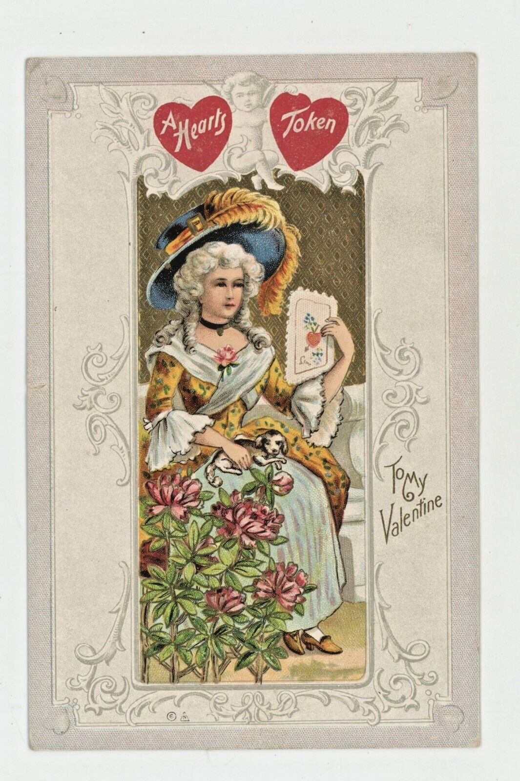 Vintage Postcard VALENTINES LADY HEARTS TOKEN EMBOSSED STAMP POSTED