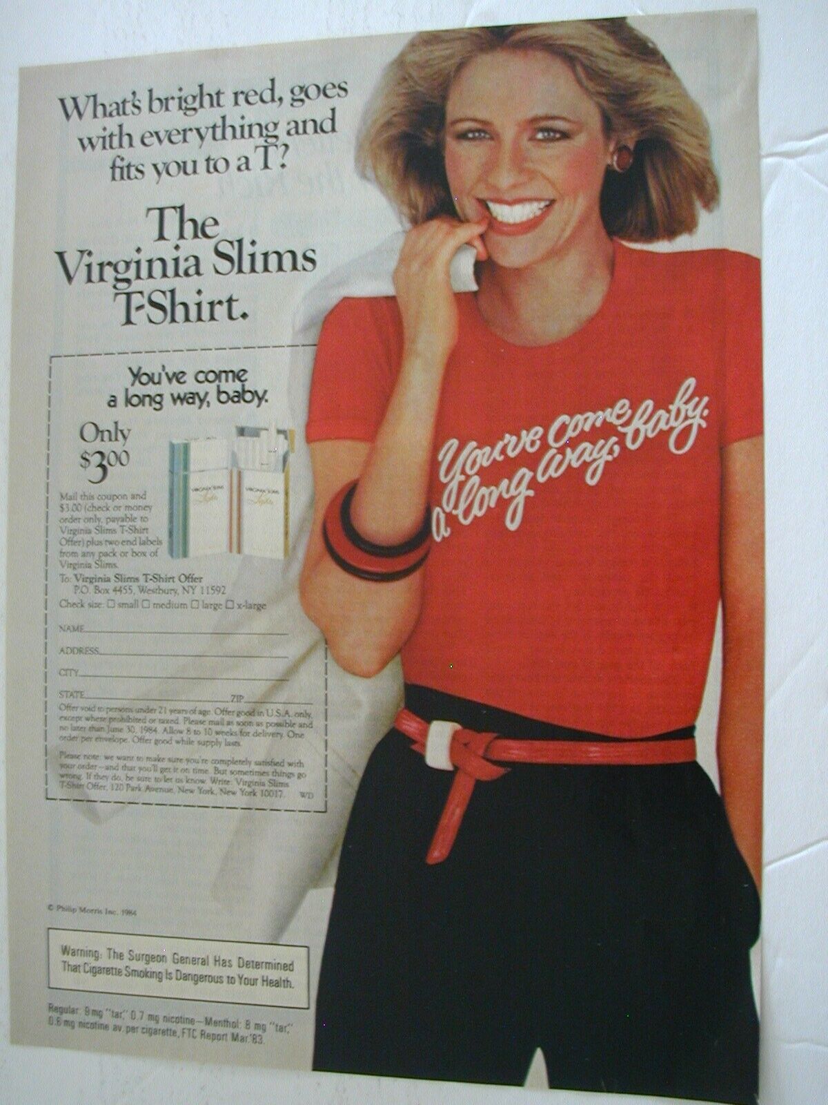 1984 Virginia Slims Cigarettes T-Shirt Offer Only $3.00 VINTAGE PRINT 55