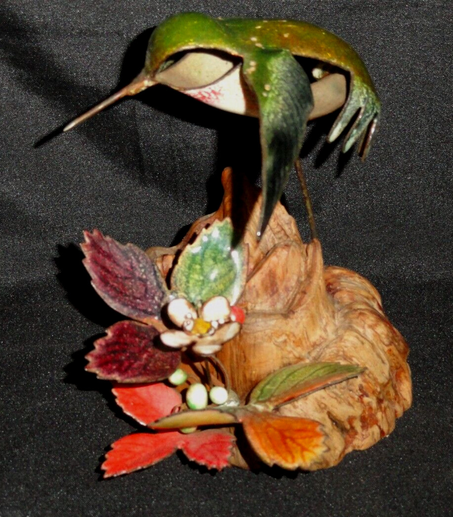 Brumm Enamel on Copper Bird Figurine ~ Hummingbird Sculpture ~ Burl Wood Base