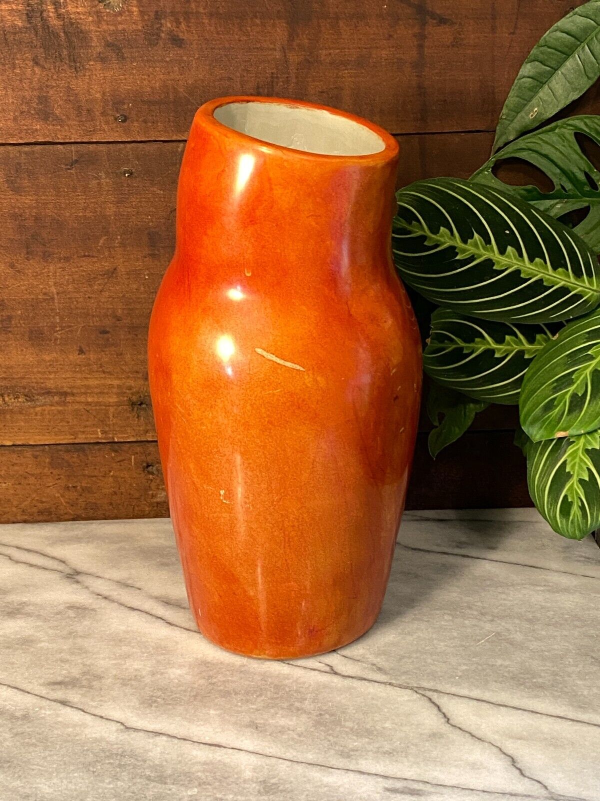 Stone Vase Hand Crafted in Kenya Orange Red Heavy African Vase 10”