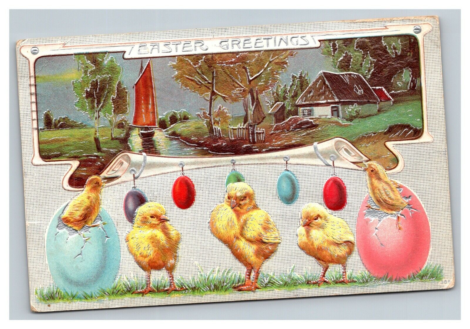 Vintage 1910 Easter Postcard Cute Chicks Hatch Colored Eggs Silver Face Sailboat