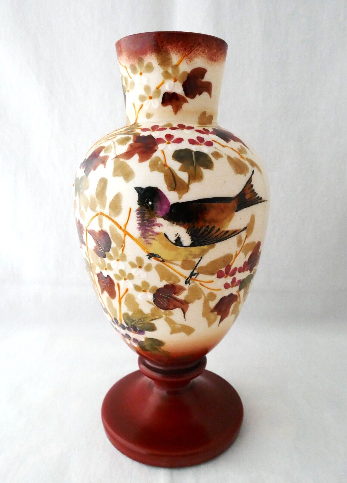Antique European Bohemian Hand painted Bird Flowers opaline glass Vase