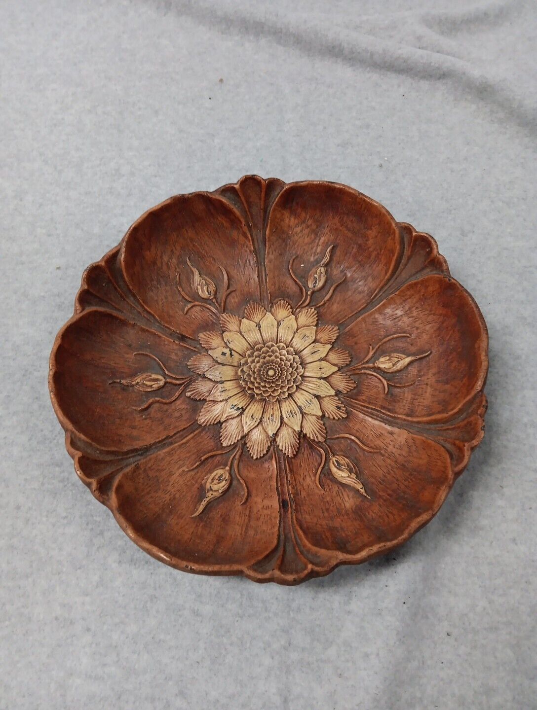 Vintage Sunflower Bowl Multi Prod Inc USA Faux Wood Bohemian Boho Chic 11” MCM