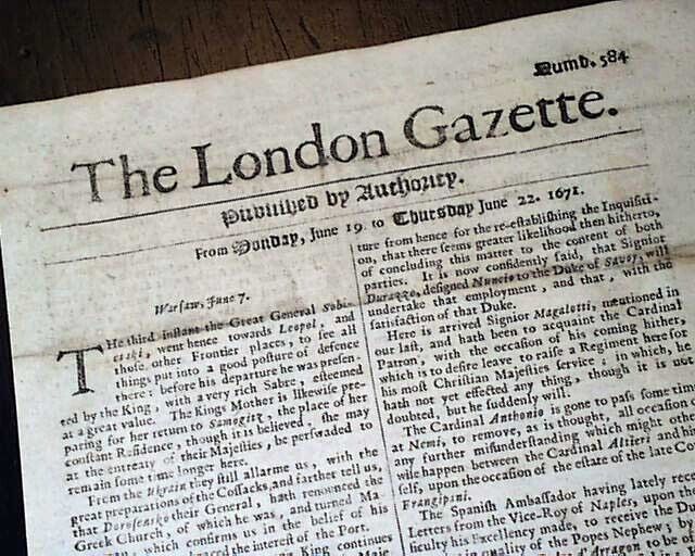 1671 Newspaper EARLY Rare 17th Century 353 Years Old LONDON GAZETTE England RARE